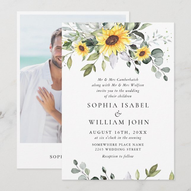 Elegant Watercolor Solblommor Eucalyptus Bröllop Inbjudningar (Fram/baksida)