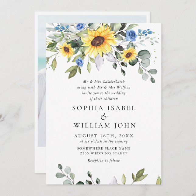 Elegant Watercolor Solblommor Eucalyptus Bröllop Inbjudningar (Fram/baksida)