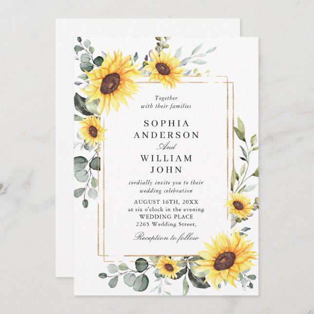 Elegant Watercolor Solblommor Eucalyptus Bröllop Inbjudningar (Fram/baksida)