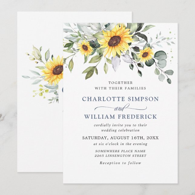 Elegant Watercolor Solblommor Eucalyptus Bröllop Inbjudningar (Fram/baksida)