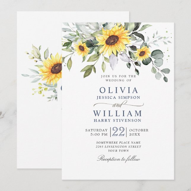 Elegant Watercolor Solblommor Eucalyptus Bröllop Inbjudningar (Fram/baksida)