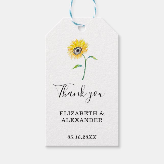 Elegant Watercolor Solros Tack Bröllop Presentetikett (Framsidan)