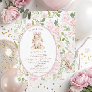 Elegant Watercolor some bunny pink bow Baby Shower Inbjudningar