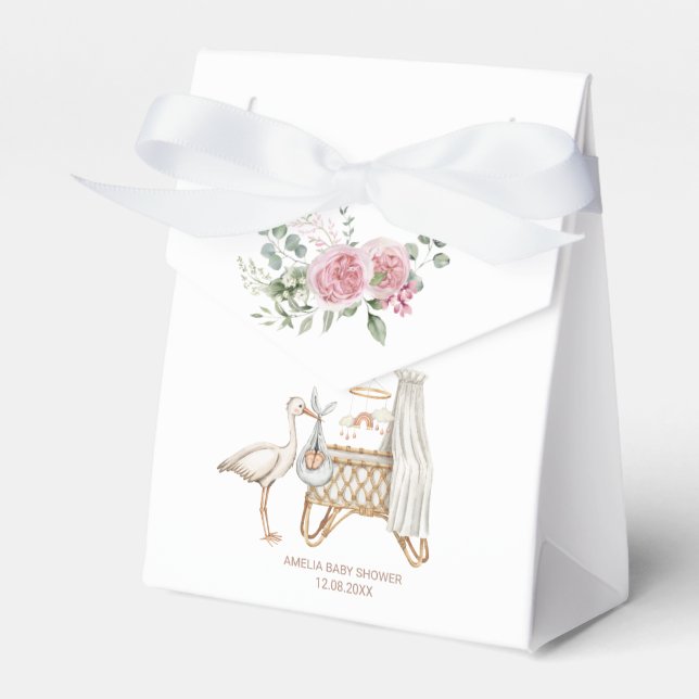 Elegant Watercolor Stork Flicka Rosa Flowers Ba Presentaskar (Framsidan Sidan)