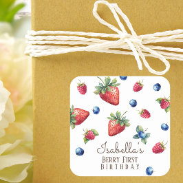 Elegant Watercolor Strawberry Berry Första födelse Fyrkantigt Klistermärke