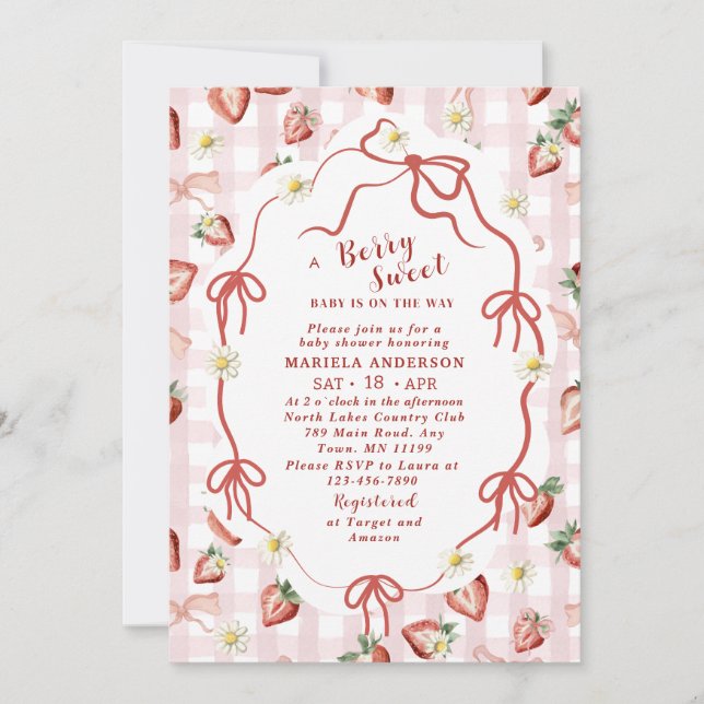 Elegant Watercolor Strawberry girl Baby Shower in Inbjudningar (Framsida)