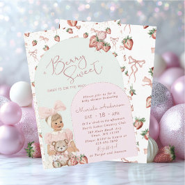 Elegant Watercolor Strawberry girl Baby Shower in Inbjudningar