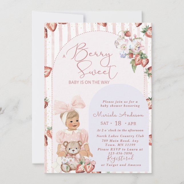 Elegant Watercolor Strawberry Girl Baby Shower Inbjudningar (Framsida)