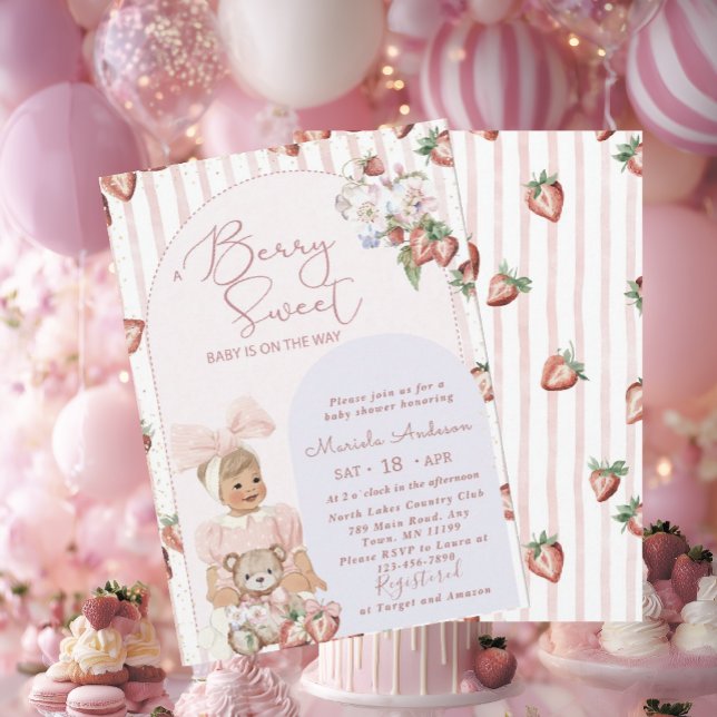 Elegant Watercolor Strawberry Girl Baby Shower Inbjudningar (Skapare uppladdad)