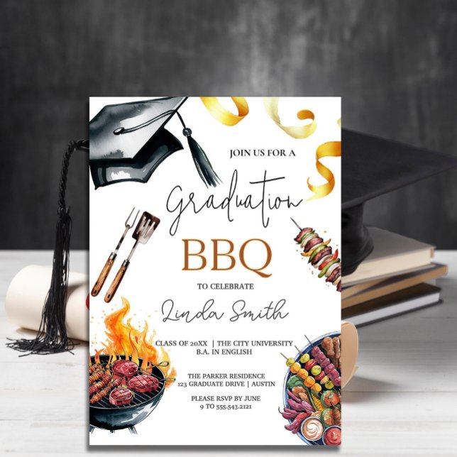 Elegant Watercolor Studenten BBQ Inbjudningar (Elegant Watercolor Graduation BBQ Invitation #BBQgraduation #dinnerbbq#dinnergraduation #menuparty )