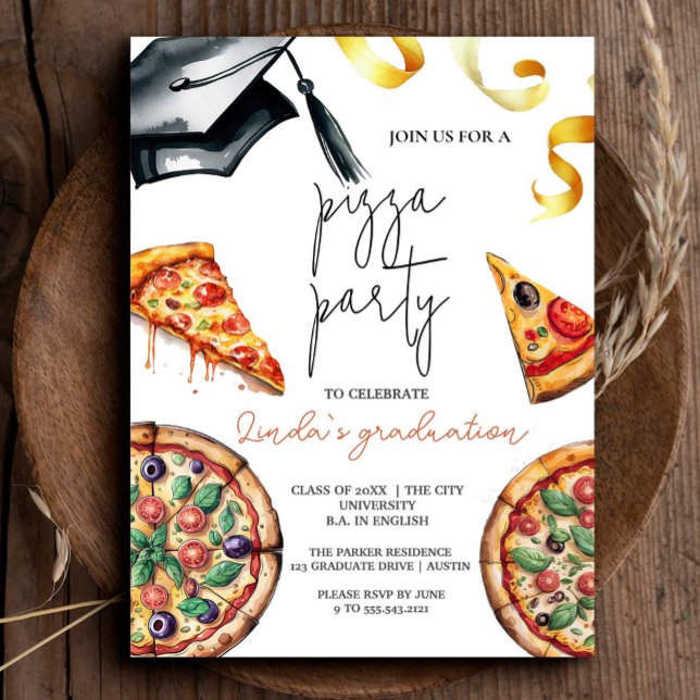 Elegant Watercolor Studenten Pizza Inbjudningar (Elegant Watercolor Graduation Pizza Invitation #zazzlemade #pizzagraduation #pizzaparty #grduate)
