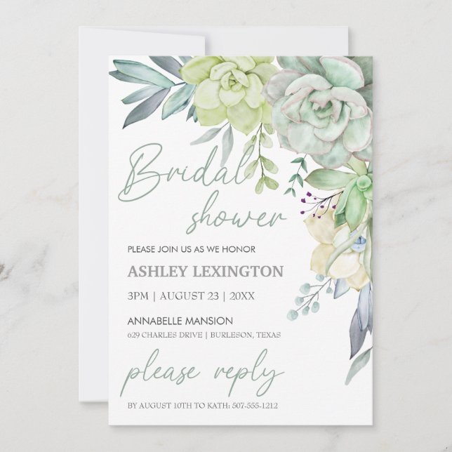Elegant Watercolor Succulent Greenery BridalShower Inbjudningar (Framsida)