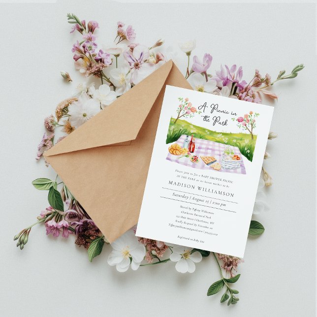 Elegant Watercolor Summer Baby Shower Picnic Inbjudningar (Picnic in the Park Baby Shower Invitation )