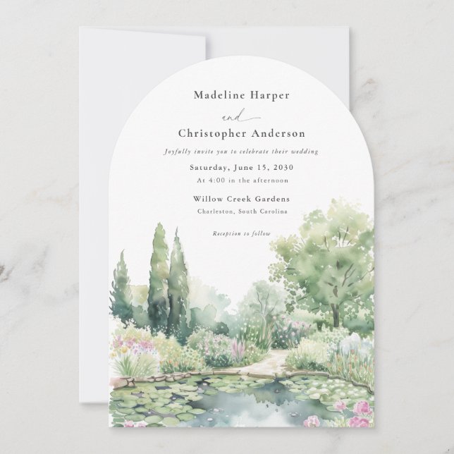 Elegant Watercolor Summer Garden Arched Wedding Inbjudningar (Framsida)