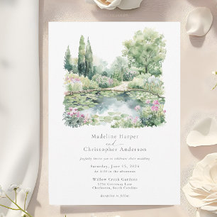 Elegant Watercolor Summer Garden Landscape Bröllop Inbjudningar