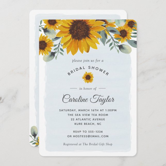 Elegant Watercolor Sunblommor Blommigt Möhippa Inbjudningar (Fram/baksida)