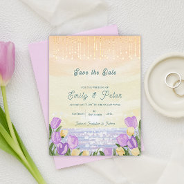 Elegant Watercolor Sunset & Floral Coastal Wedding Meddelande Vykort