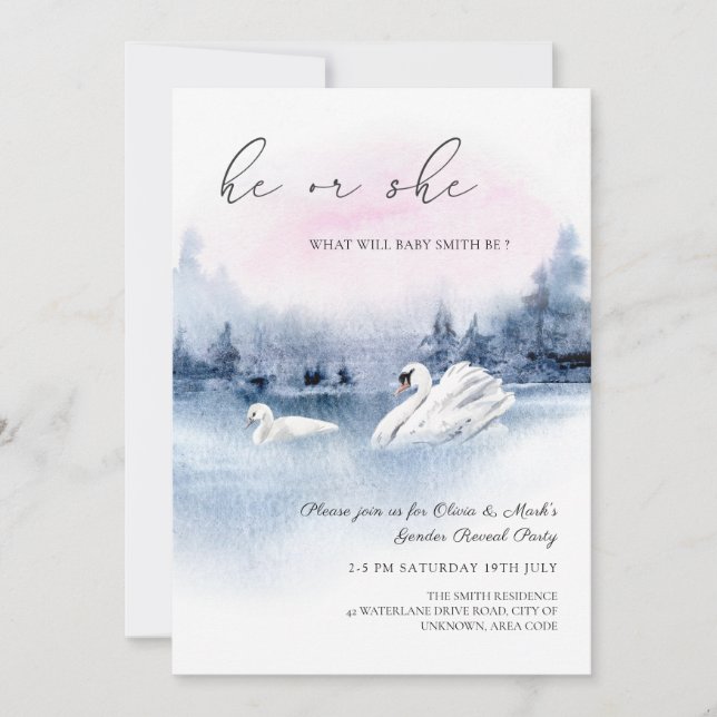 Elegant Watercolor Svanar Bird Gender Reveal Invit Inbjudningar (Framsida)