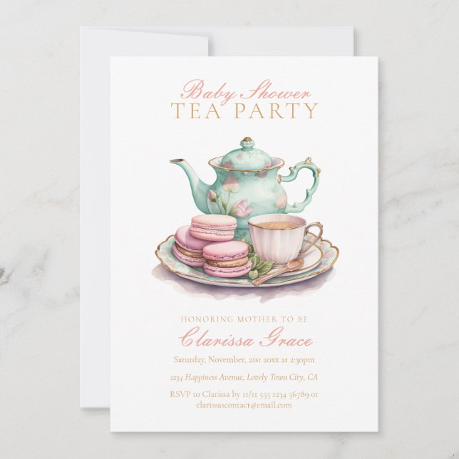 Elegant Watercolor Tea Party Baby Shower Inbjudningar (Framsida)