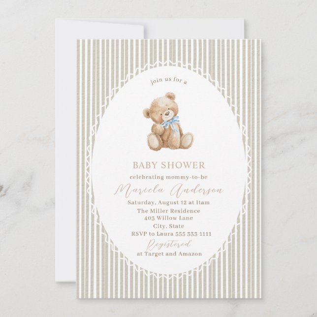 Elegant Watercolor Teddy Bear blue bow Baby Shower Inbjudningar (Framsida)