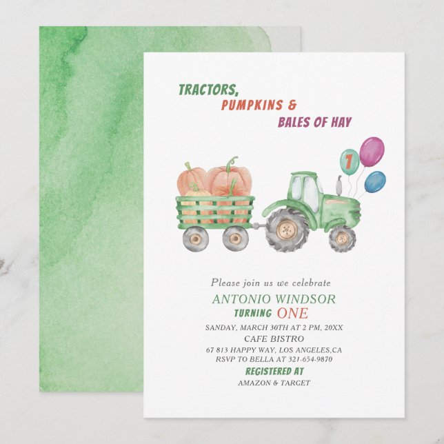 Elegant Watercolor Tractor Pumpkins Baby Shower Inbjudningar (Fram/baksida)