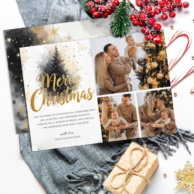 Elegant Watercolor Träd Multi Photo-julkort Inbjudningar (Family Christmas Card)