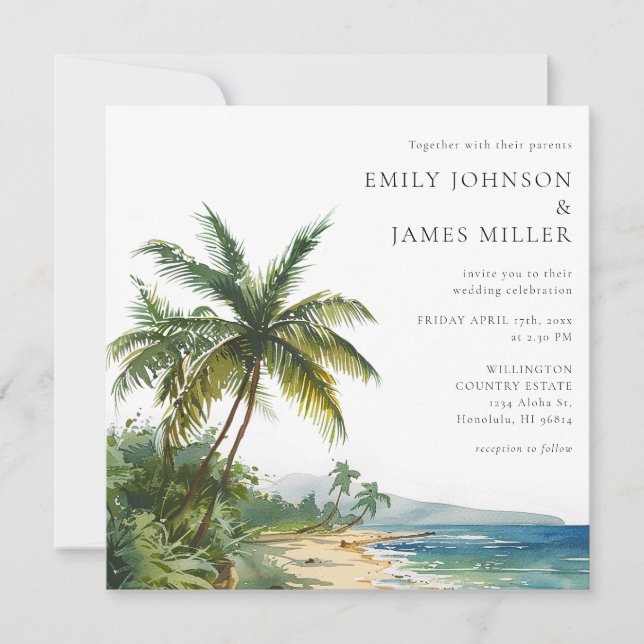 Elegant Watercolor Tropical Beach Wedding Inbjudningar (Framsida)