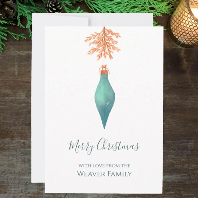 Elegant Watercolor Turcos jul Bauble Julkort (Hand painted watercolor, aqua teal minimalistic Christmas card. Personalize elegant script. )