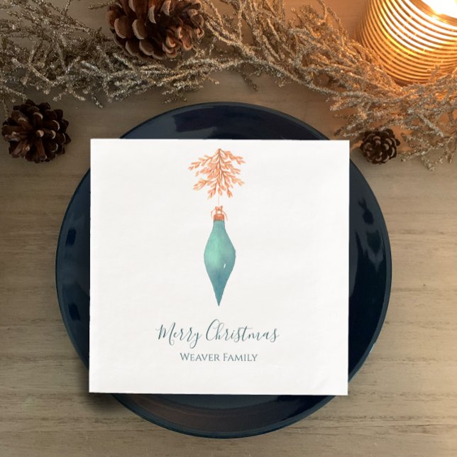 Elegant Watercolor Turcos jul Bauble Pappersservett (Personalized Christmas holiday dinner party napkins, elegant turquoise & golden botanical watercolor)