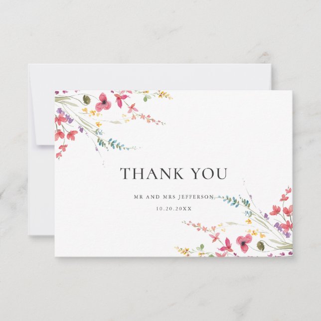 Elegant Watercolor Vild Flowers Blommigt Bröllop Tack Kort (Framsida)