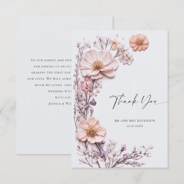 Elegant Watercolor Vild Flowers Blommigt Bröllop Tack Kort (Fram/baksida)