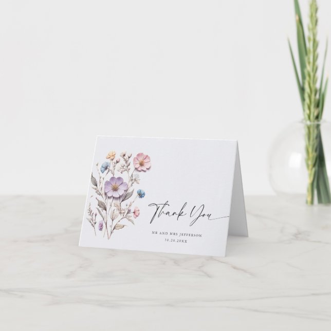 Elegant Watercolor Vild Flowers Botanical Bröllop Tack Kort (Framsida)
