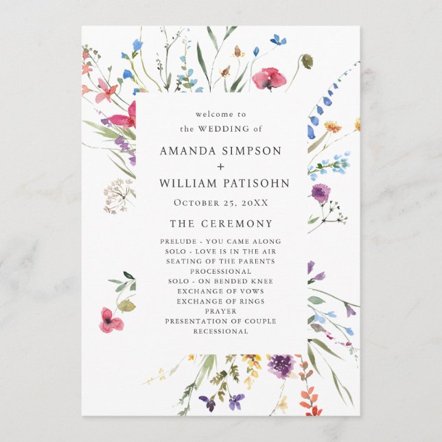 Elegant Watercolor Vild Flowers Bröllop Ceremony Program (Framsida)