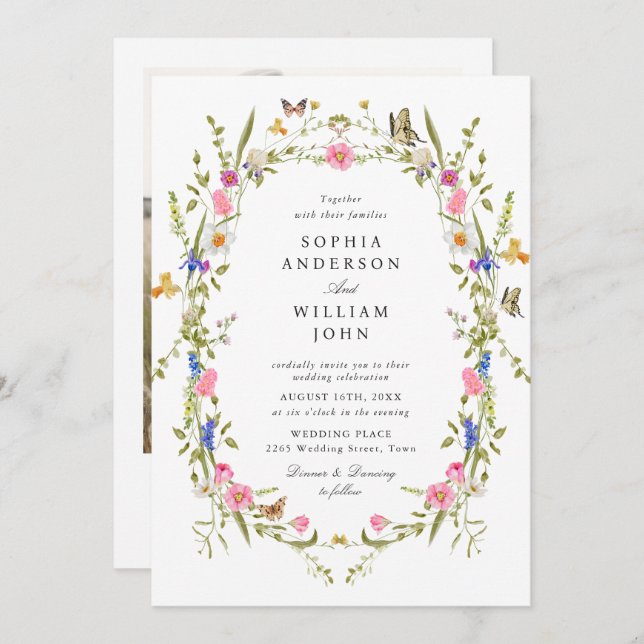 Elegant Watercolor Vild Flowers Bröllop Photo Inbjudningar (Fram/baksida)