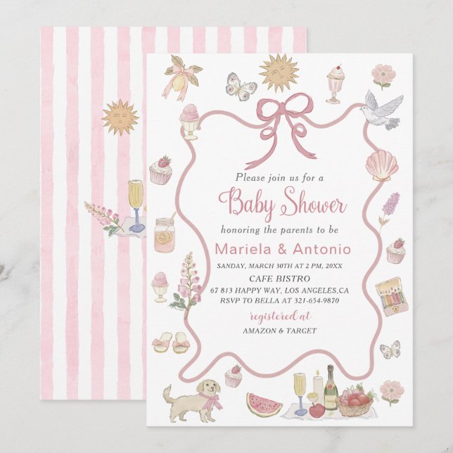 Elegant Watercolor Whimsical Summer Doodles Baby Inbjudningar (Fram/baksida)