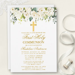Elegant Watercolor White Blommigt First Communion Inbjudningar