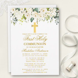 Elegant Watercolor White Blommigt First Communion Inbjudningar