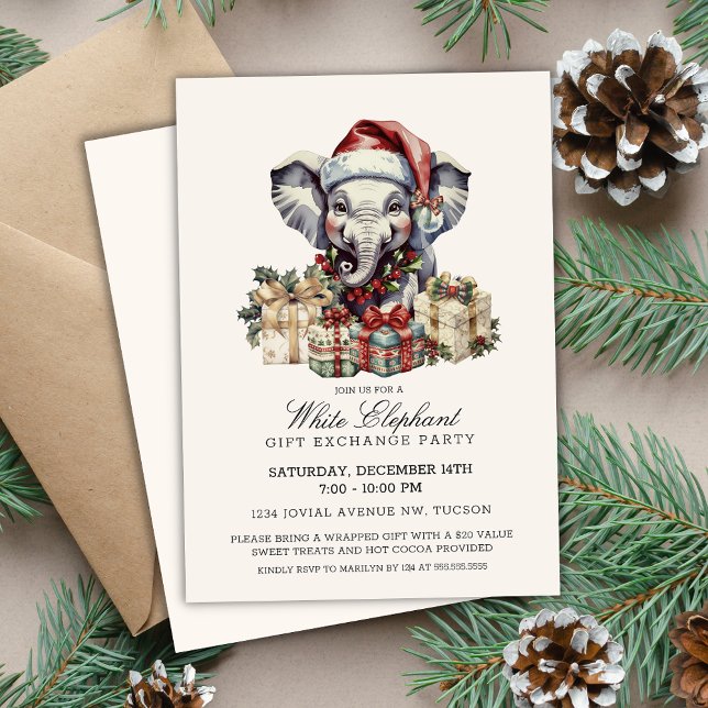 Elegant Watercolor White Elephant Gift Exchange Inbjudningar (Elegant white elephant gift exchange invitations for christmas holiday corporate office party invite)