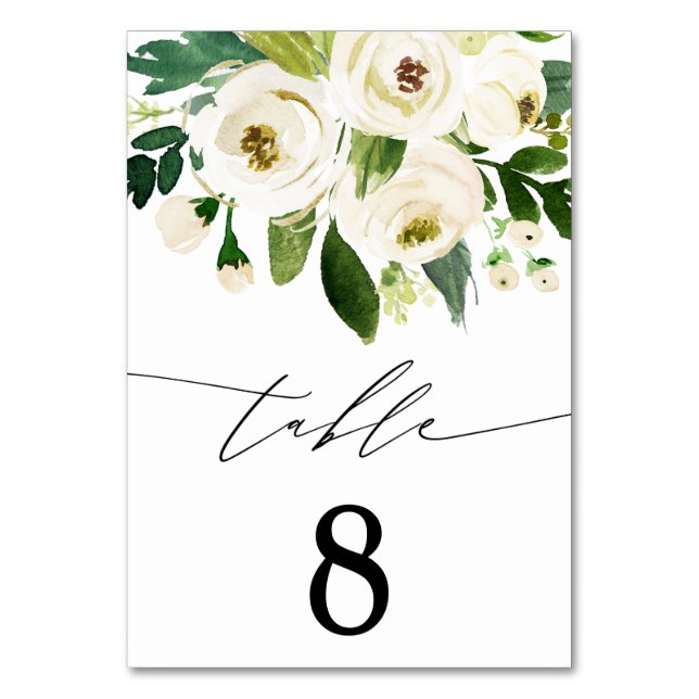 Elegant Watercolor White Flowers Greenery Bröllop Bordsnummer (Framsidan)