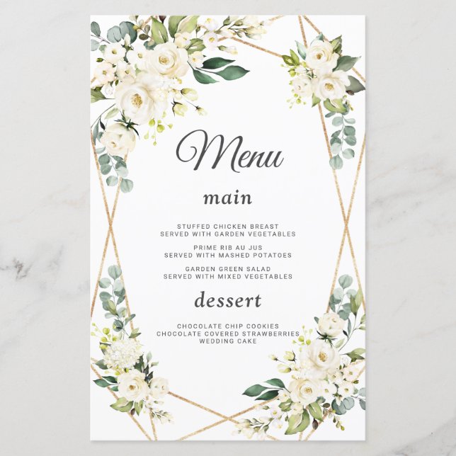 Elegant Watercolor White Flowers Guld Bröllop Menu (Framsida)