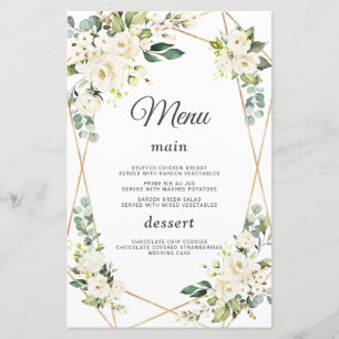 Elegant Watercolor White Flowers Guld Bröllop Menu