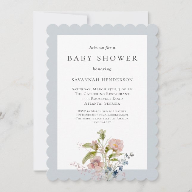Elegant Watercolor WildblomBlue Baby Shower Inbjudningar (Framsida)
