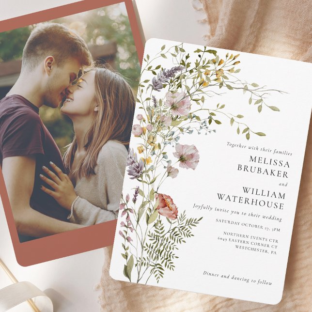 Elegant Watercolor Wildblomfoto Bröllop Inbjudningar (Elegant Watercolor Wildflower Photo Wedding Invitation)