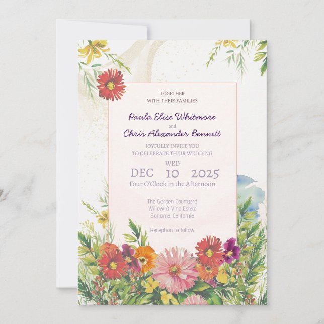 Elegant Watercolor WildblomGarden Wedding Wedding Inbjudningar (Framsida)