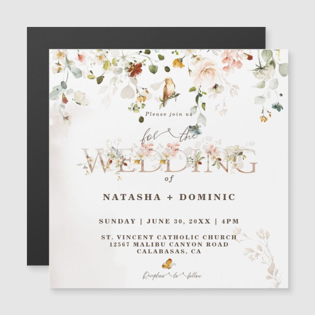 Elegant Watercolor WildblomGarden WedWedding Magne (Fram/baksida)