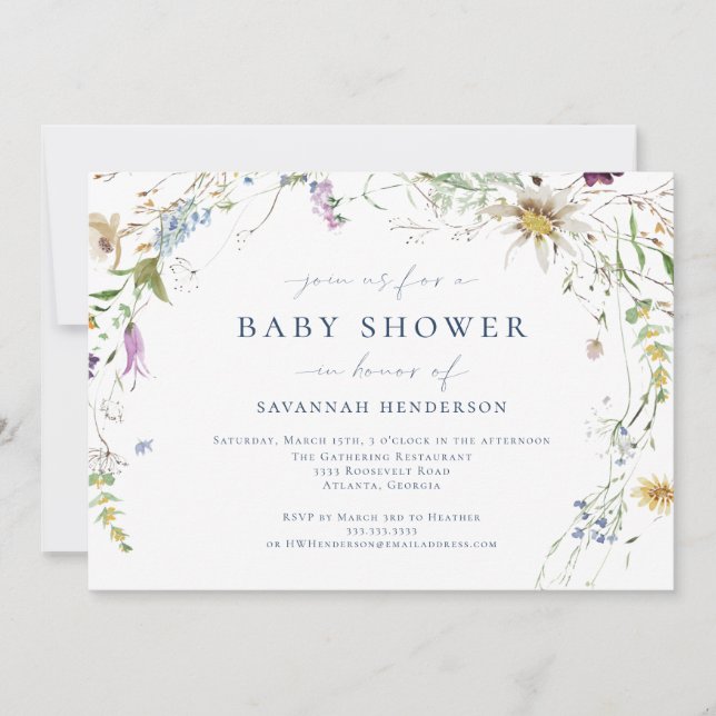 Elegant Watercolor Wildblomma Baby Shower Inbjudningar (Framsida)