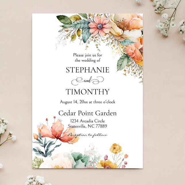 Elegant Watercolor Wildblomma | BLOMMIGT BRÖLLOP Inbjudningar (Elegant wedding invitation with wildflowers design. Personalize every detail for your special day.)