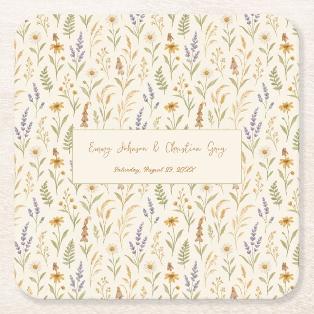 Elegant Watercolor Wildblomma Blommigt Bröllop Underlägg Papper Kvadrat (Framsidan)