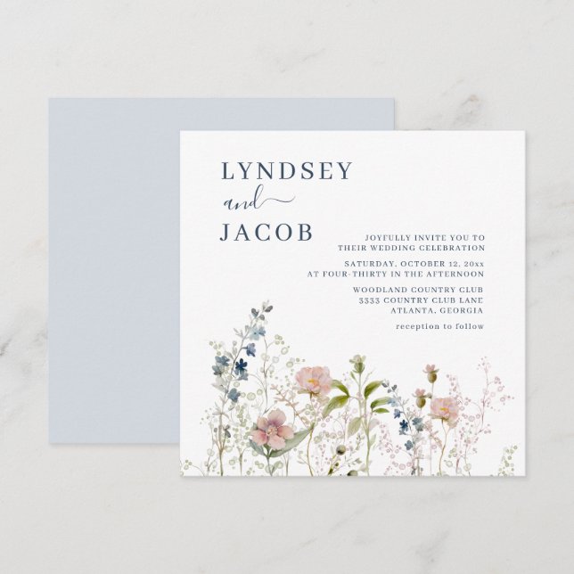 Elegant Watercolor Wildblomma Dusty Blue Bröllop Inbjudningar (Fram/baksida)