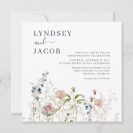 Elegant Watercolor Wildblomma Dusty Blue Bröllop Inbjudningar